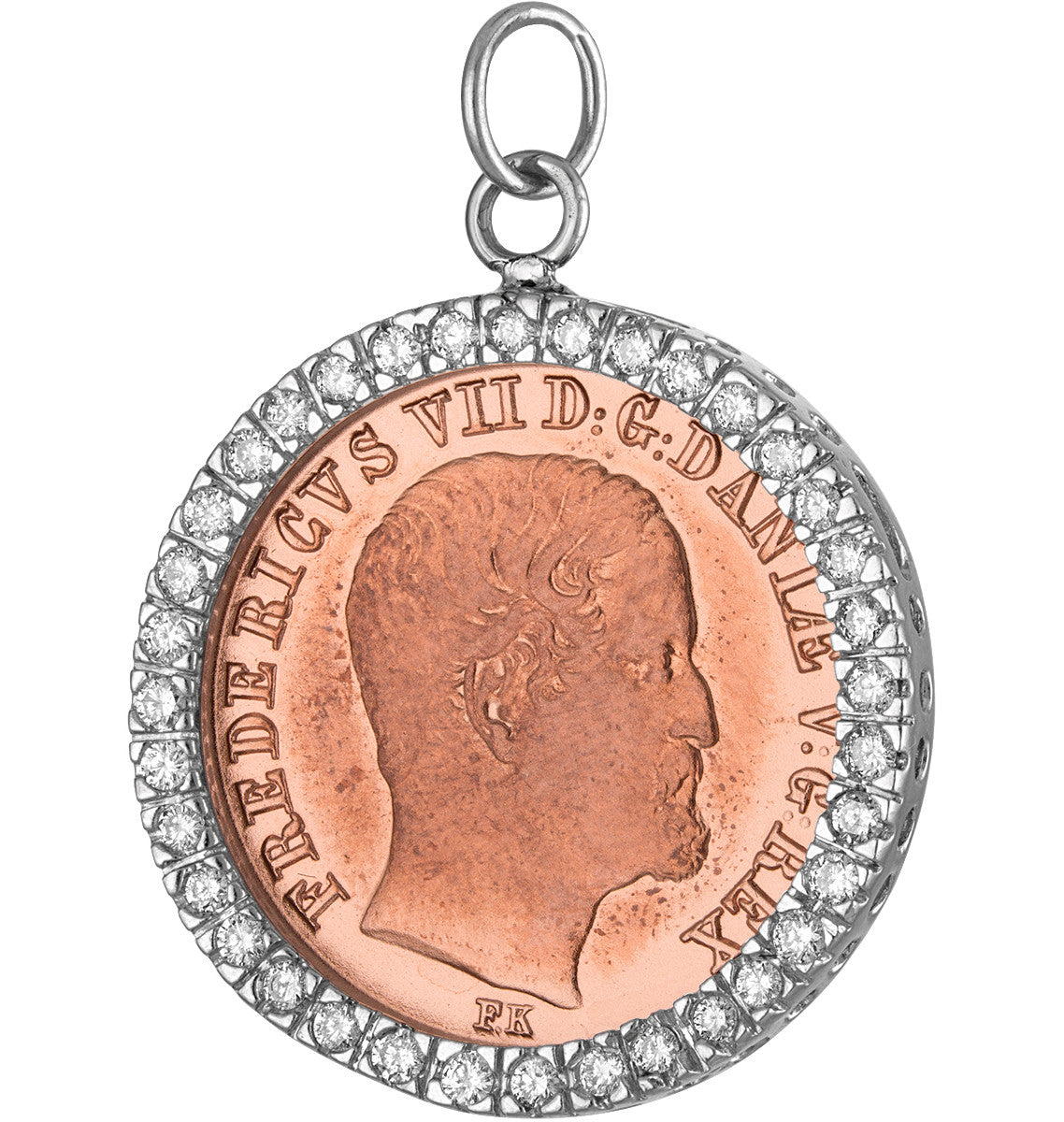 Vintage Denmark Frederick VII Copper Coin with Diamond 14k Gold Charm